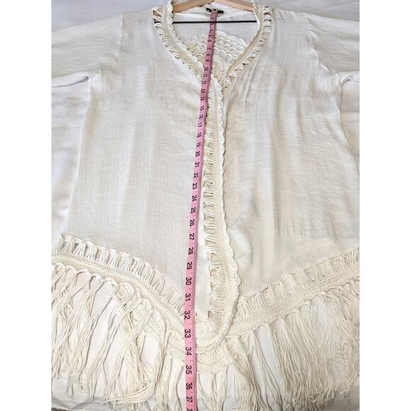 VIVID IMPORTERS WHITE CROCHET FRINGE COVER-UP CARDIGAN – SIZE L – BOHO STYLE - Picture 10 of 13